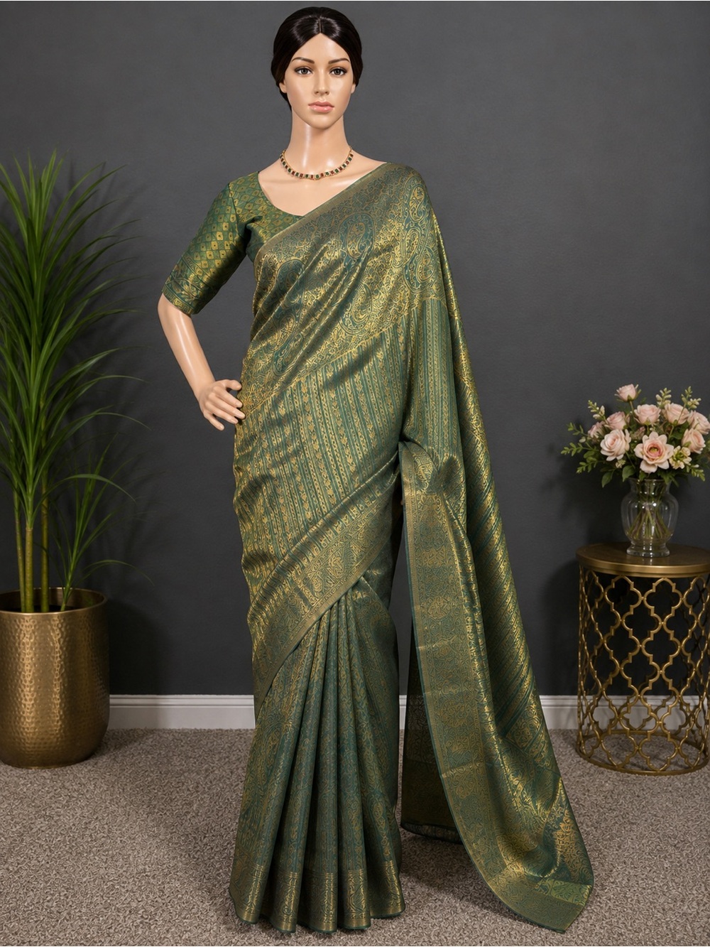 Green and Gold Silk Saree - Elegant Woven Pattern